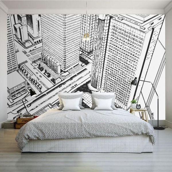 

wallpapers po wallpaper modern black white hand painted city street high building studio office bedroom mural