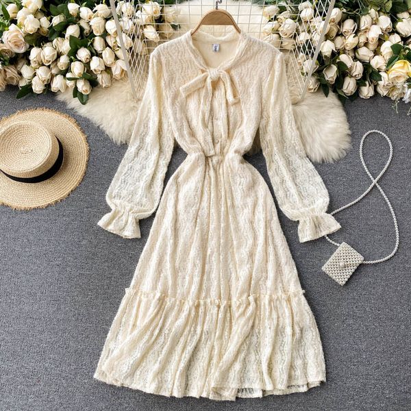 

two piece dress foamlina lace for women fashion spring bow tied collar long sleeve single breasted elastic waist casual sweet midi, White