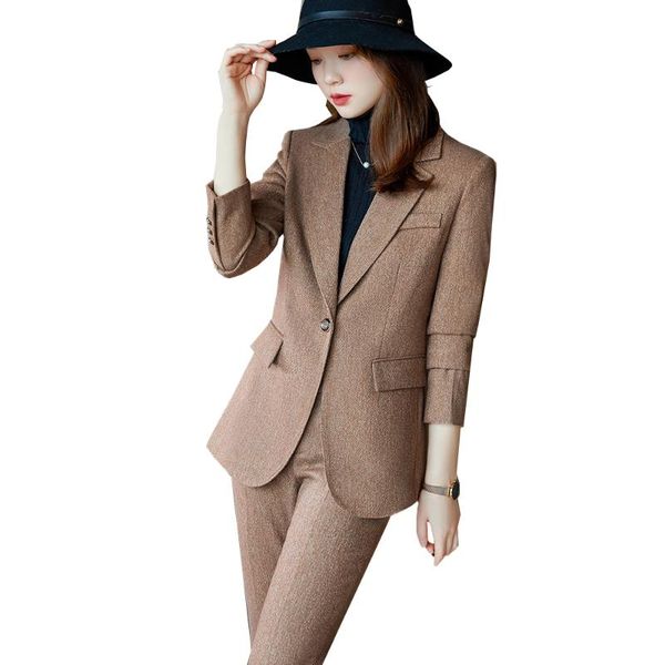 

women's two piece pants women office ladies winter thick pant suit 2 set gray coffee female business formal work blazer and tro, White