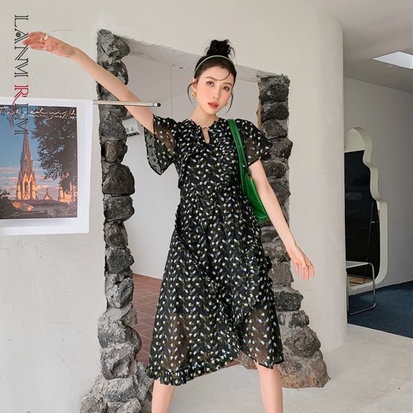 

women dress floral petal sleeve round neck a-line temperament loose fit fashion summer 2h865 210507, Black;gray