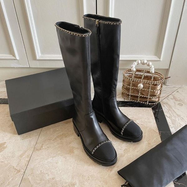 

boots winter women long genuine leather platform knee-high metal decoration zip designer shoes botas femininas size 35-41, Black
