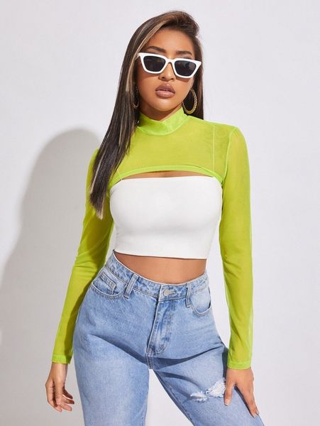 

mock-neck super crop mesh a40i#, White