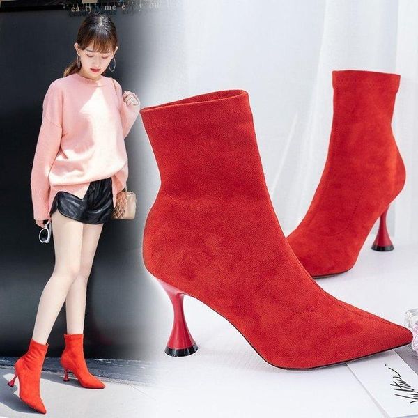 

fashion women ankle boots pointed toe high heel stiletto soft suede slip-on boot purple black red cozy botas flock
