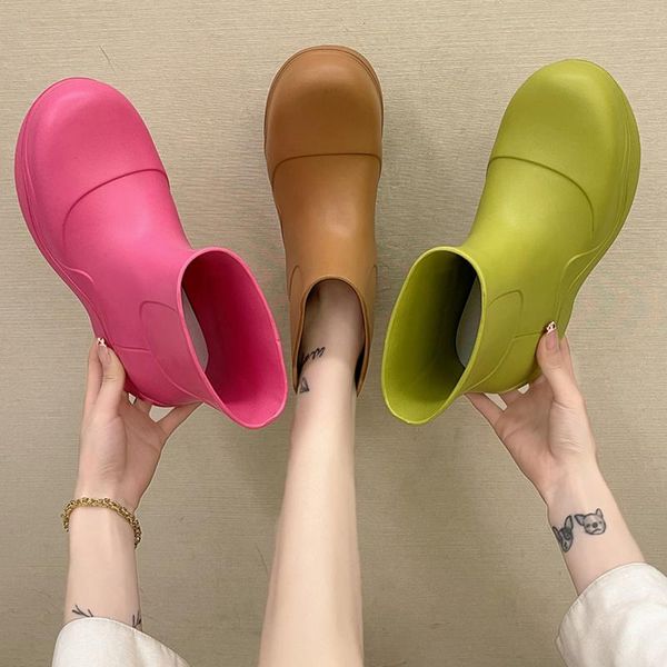 

boots white mid-calf rainboots women shoes round toe luxury designer low mid calf water ladies lolita fashion fabric slip-on ro, Black