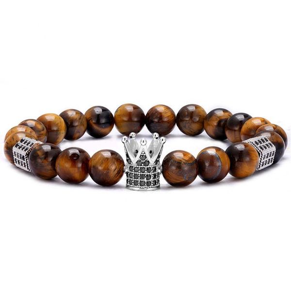 

beaded, strands 8mm tiger's eye micro-inlaid zircon crown hexagonal men's beaded set bracelet, Black