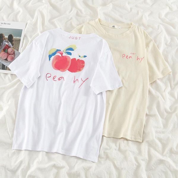 

women's t-shirt oumengka women summer short sleeve cotton plus size cute fruit print funny casual o neck female tshirt tees, White
