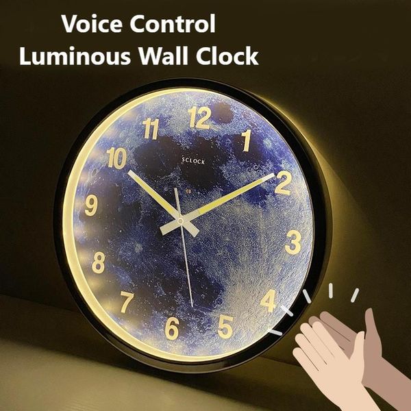 

14-inch luxury clock, voice control creative starry sky luminous silent sound metal frame wall clock living room clocks