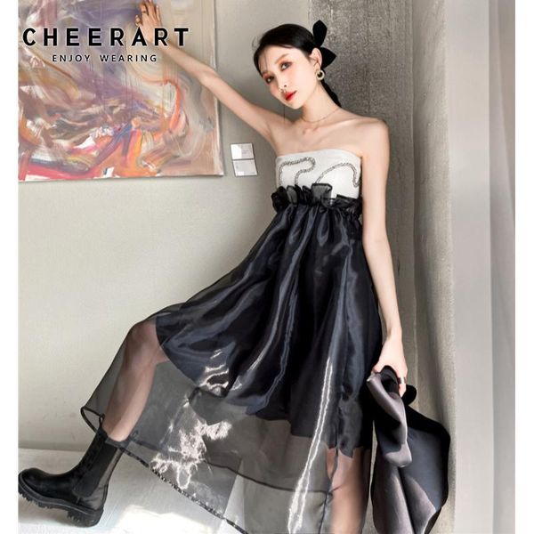 

casual dresses cheerart beading summer 2021 strapless tube dress women black patchwork ball gown designer long midi ladies fashion, Black;gray