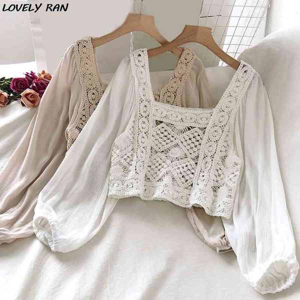 

women's knits & tees hollow out puff long sleeve crochet blouses square collar women short blouse spring korean sweet ladies, White