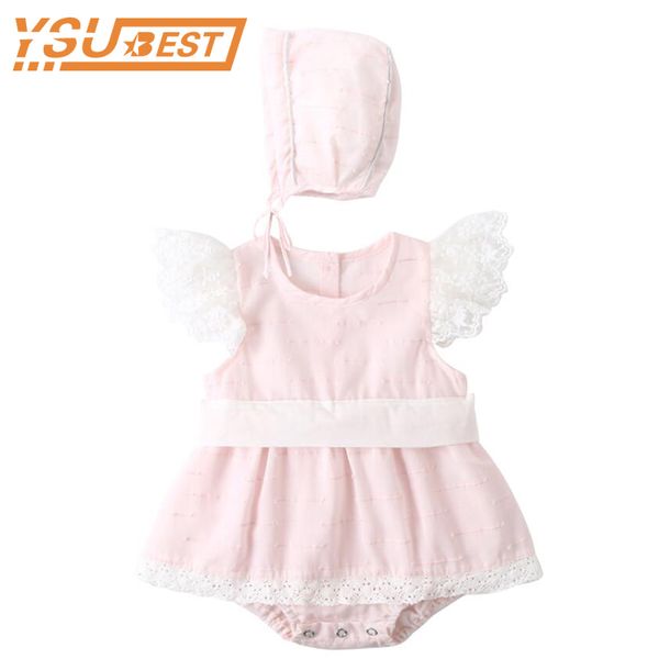 Meninas de bebê Roupas Bonito Rosa Relógio Romper Summer Infantil Miúdos Voando Sleeve Marca Jumpsuits + Cap Princesa Outfits 210429