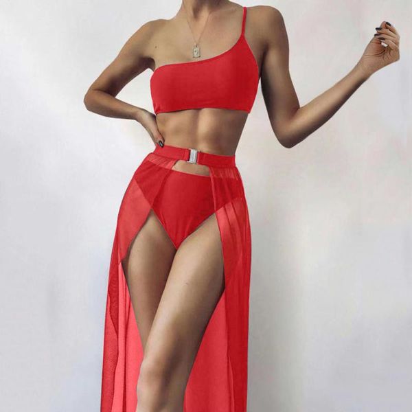 

one-piece suits fashion 3 piece set bikini women 2021 summer one shoulder strap swimwear and long chiffon cover up skirt beach suit
