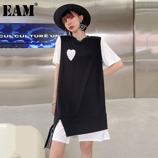 

casual dresses [eam] women contrast color spliced slit dress round neck short sleeve loose fit fashion tide spring summer 2021 1dd8866, Black;gray