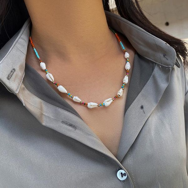

pendant necklaces bohemia colorful small bead shell choker necklace boho collar clavicle chain for women wristband bracelet jewelry, Silver