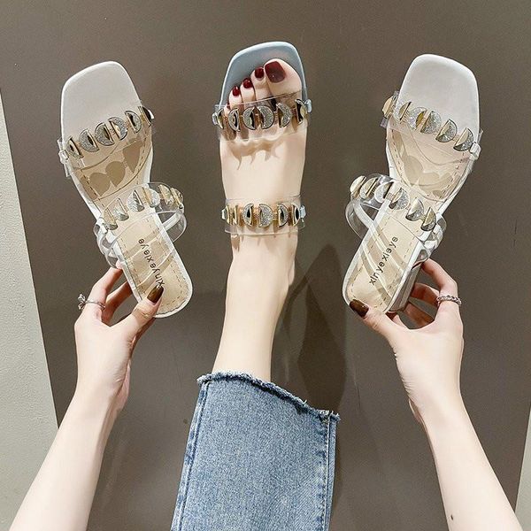 

slippers women summer square heel female shoes transparent slides fashion med shallow block 2021 luxury rome scandals pu se, Black