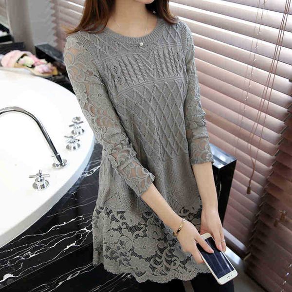 

women's knits & tees fashion knitted sweater women autumn winter lace patchwork o-neck long sleeve sweaters pullovers female ty8q, White
