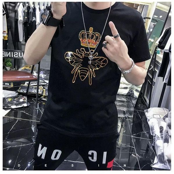 

men's t-shirts rhinestone t-shirt 100% beaded o collar short sleeve slim fashion, White;black