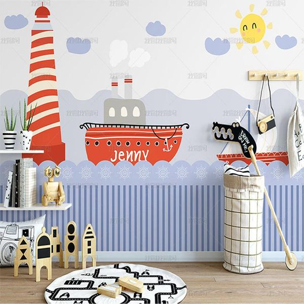 

wallpapers 3d nordic hand painted cartoon boat lighthouse wallpaper children's room bedroom background wall early education mural boy g