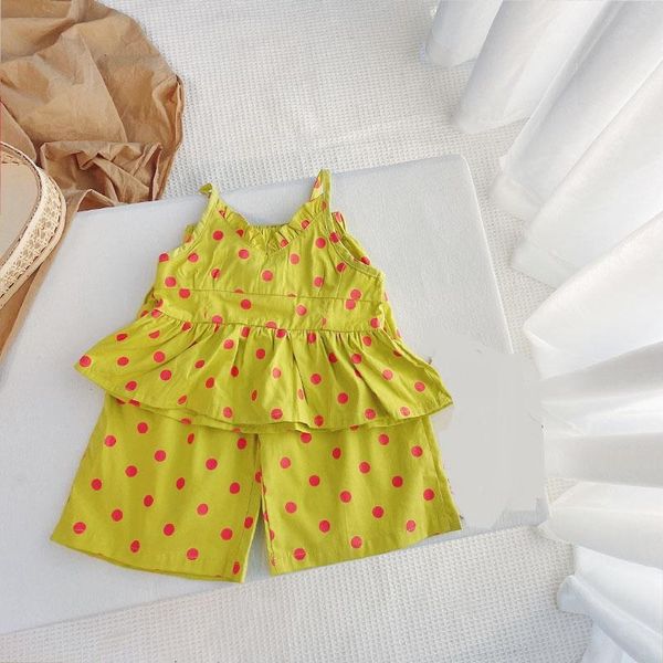 

clothing sets summer girls princess party children kids 2pcs suits polka dot spaghetti strap vest blouse + loose pants, White