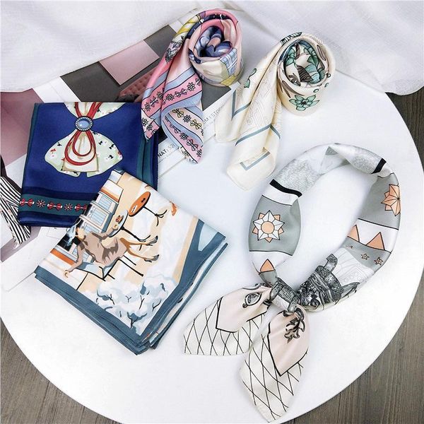 

scarves fashion silk scarf 70*70 bowknot flowers prints women shawl satin small squares head bag decorative, Blue;gray