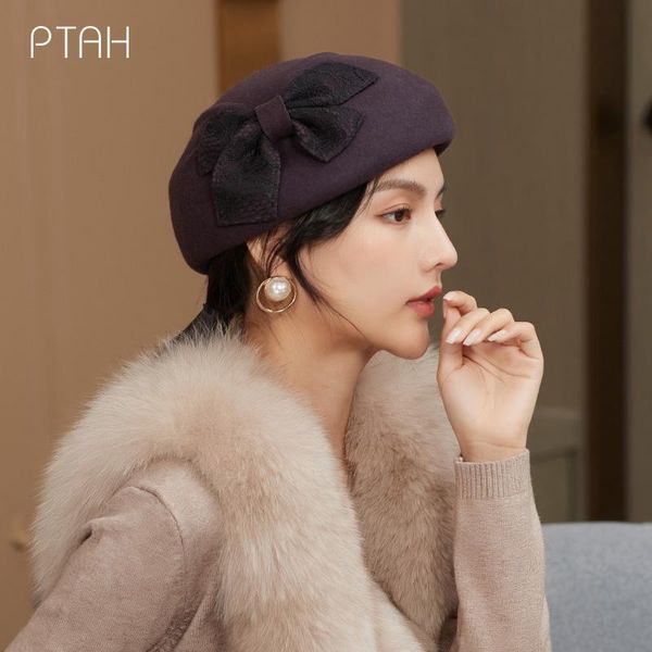 

berets [ptah] wool french beret hat solid color cap for women girls elegant temperament 100% vintage plain lace bow, Blue;gray