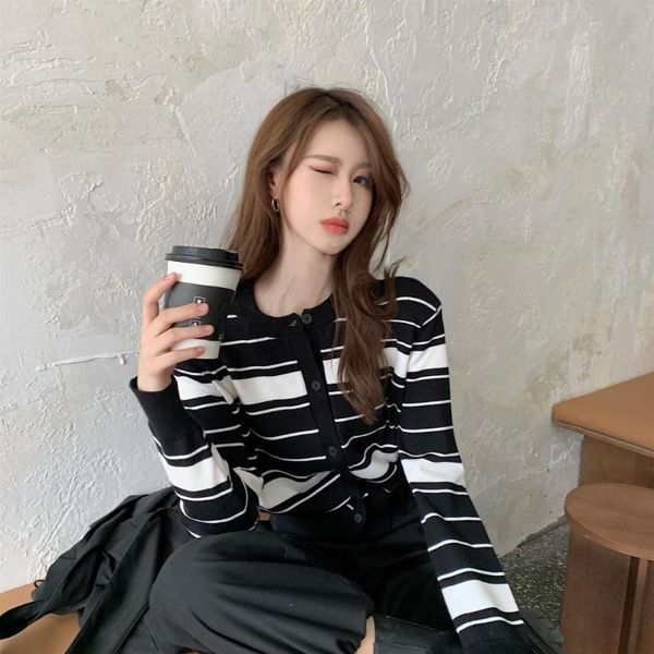 

striped cropped cardigans women contrast color long sleeve autumn sweater single breasted vintage women's sweaters, White;black