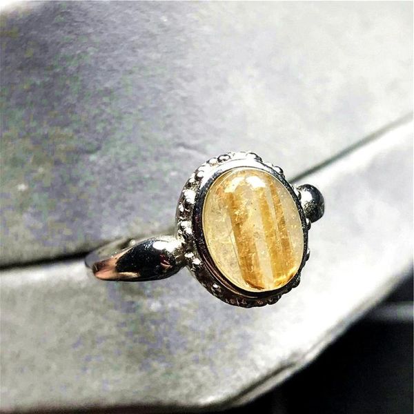

cluster rings 9x7mm natural gold rutilated quartz ring for woman lady man crystal oval beads silver gemstone adjustable jewelry, Golden;silver
