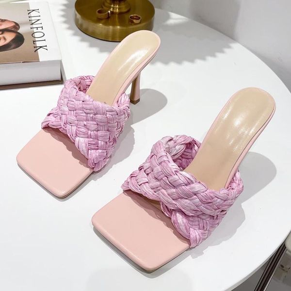 

women sandals fashion weave slides elegant thin high heels 2021 ladies summer shoes outdoor slippers stripper, Black