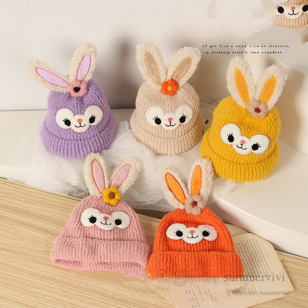 

girls cute flower rabbit knitted hat kids stereo plush bunny ear princess caps children cartoon beanie fall winter baby warm beanies q3219, Yellow