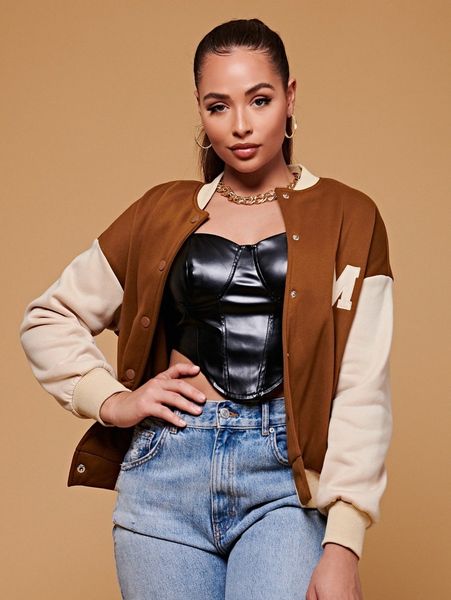 

petite letter embroidery drop shoulder two tone bomber jacket t660#, Black;brown