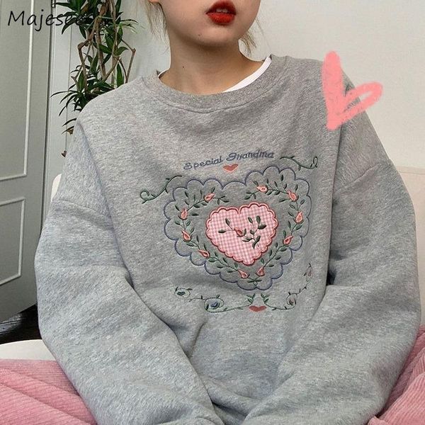 

hoodies women embroidery kaeaii cute girls students thick o-neck long sleeve loose sweet korean style leisure trendy chic women's & swe, Black