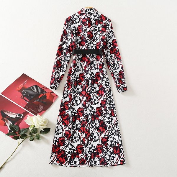 

capris european style 2021 spring women turn-down collar exquisite floral print belt full sleeve long shirt, Black;gray