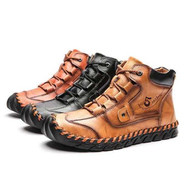 

leather men boots warm plush snow boots winter boots work shoes mens footwear rubber ankle sneakers size 48, Black