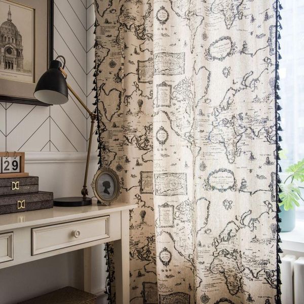 

curtain & drapes yaapeet map printed cotton blackout bedroom black tassel window dining room fashion american style curtains
