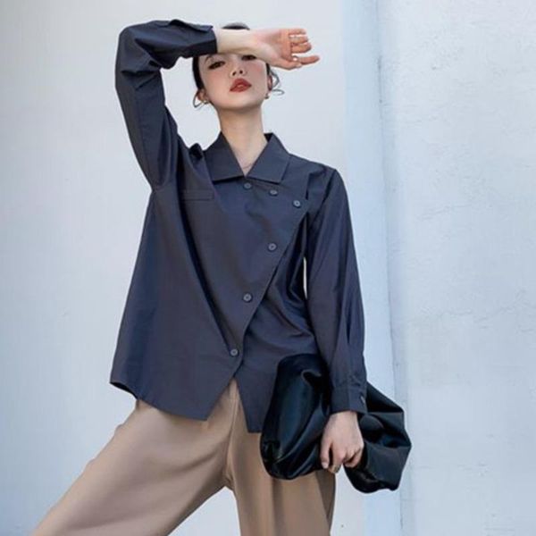 

women's blouses & shirts elegant blouse long sleeve irregular shirt ladies casual solid color single-breasted women streetwear e993, White