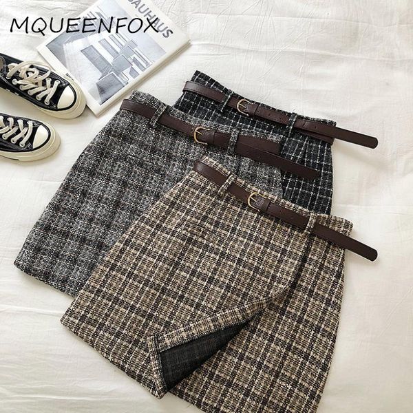 

skirts korean plaid women skirt winter autumn vintage sweet high waist a-line mini female casual sashes irregular lady, Black
