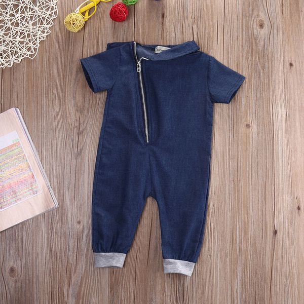 

toddler kids baby boy clothes zipper up denim jumpsuit romper, White