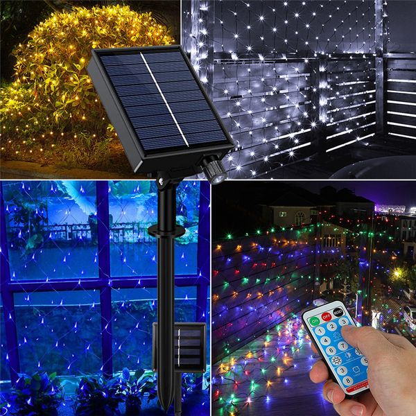 Stringhe di luce solare netta 1,5 * 1,5 M 3 * 2 M LED Dimmerazione timer Stringa flash LED IP65 Impermeabile Decorazione dei giardini di Natale Coda Percorso Luci da giardino