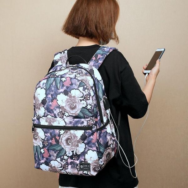 

backpack two-piece flower printing student school bag large capacity external usb charging port laptop