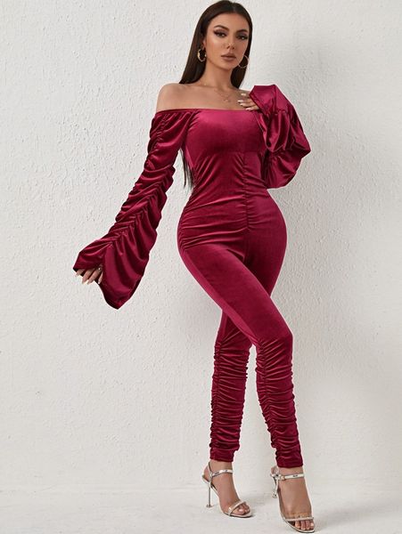

sxy flounce sleeve ruched velvet jumpsuit t2zu#, White