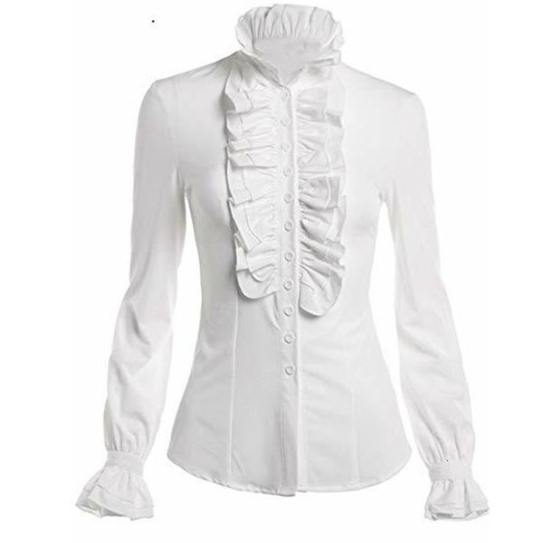 

women's blouses & shirts womens high neck ruffles long sleeve frill solid color shirt office frilly cuffs blouse autumn a180, White