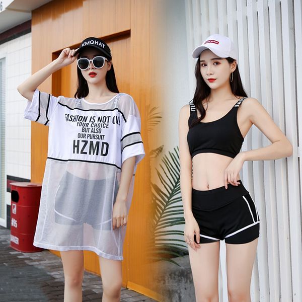 

spring korean version women's bikini three piece sports split gathered conservative swimsuit, White;black