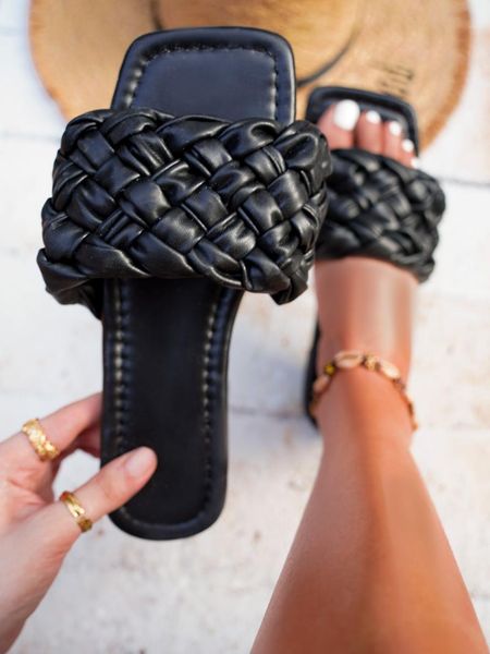

sandals fashion soft leather woven slippers women summer 2021flat heels beach casual slides shoes woman outdoor flip flops muter, Black