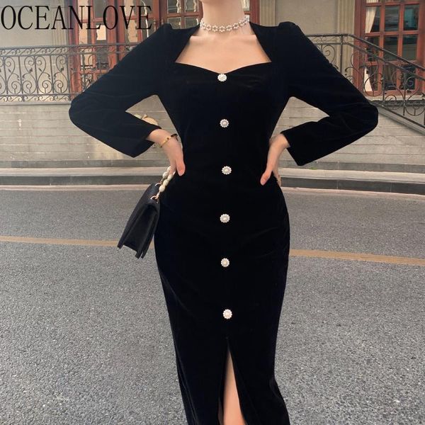 

casual dresses oceanlove women dress solid buttons square neck vintage black velvet vestidos autumn winter korean high waist robe femme, Black;gray