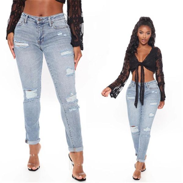 

womens hole elasticity jeans fashion trend flanging middle waist denim trousers designer female autumn washed casual skinny ripped jean, Blue