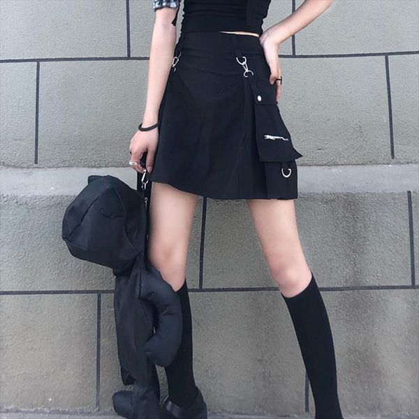 

all match short tooling women skirt patchwork black polyester korean street wea rpocket bag chain gothic skirts