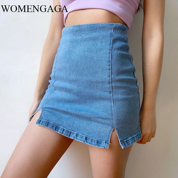 

cara denim skirts women with front split back zipper mini sheath female robe vintage high streetwear ov9q, Black