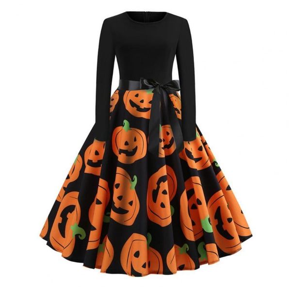 

casual dresses halloween elements vintage for women fashion long sleeve o-neck bowknot festival loose hem autumn a-line dress 2021, Black;gray
