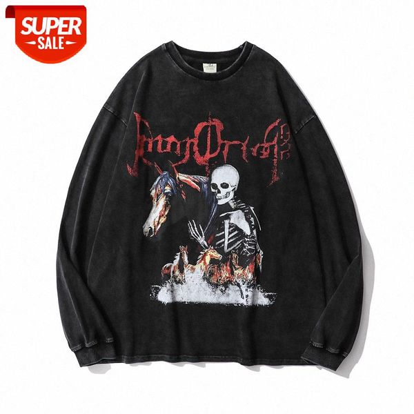 

dark skull printed long sleeve t-shirt men's washed distressed loose round neck base shirt compassionate #u30g, White;black