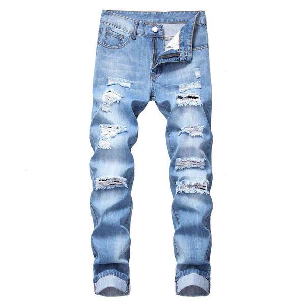 

jeans style men's wear hole straight slim fit bullet multi ragged trousers, Blue