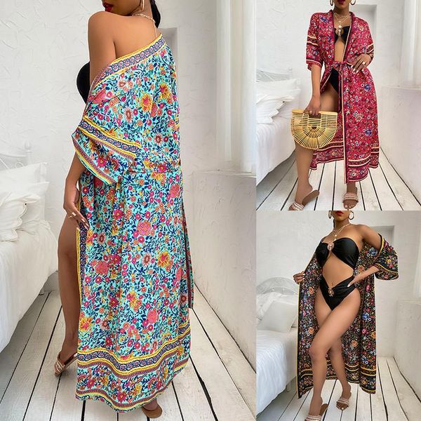 

fashion bikini cover-ups floral print self belted women swimwear summer kimono dress holiday beach wear swim suit cover ups women's, White;black